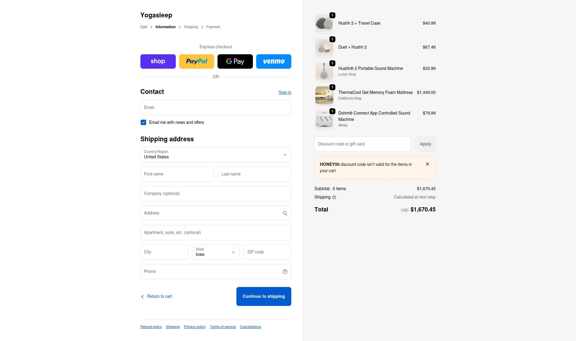 Yogasleep checkout page showing Yogasleep discount code box | Screenshot taken by SimplyCodes community member on Jan 3, 2026