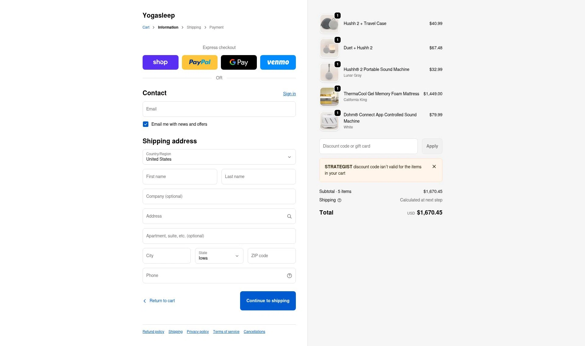 Yogasleep checkout page showing Yogasleep discount code box | Screenshot taken by SimplyCodes community member on Jan 3, 2026