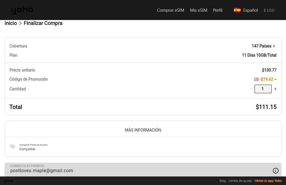 Yoho Mobile checkout page showing Yoho Mobile promo code box | Screenshot taken by SimplyCodes community member on Nov 28, 2025