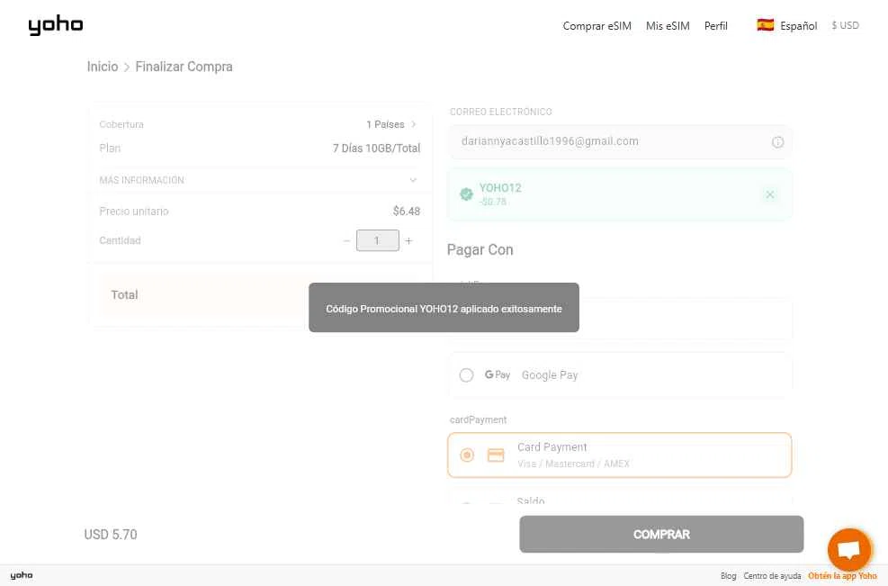 Yoho Mobile checkout page showing Yoho Mobile promo code box | Screenshot taken by SimplyCodes community member on Dec 27, 2025