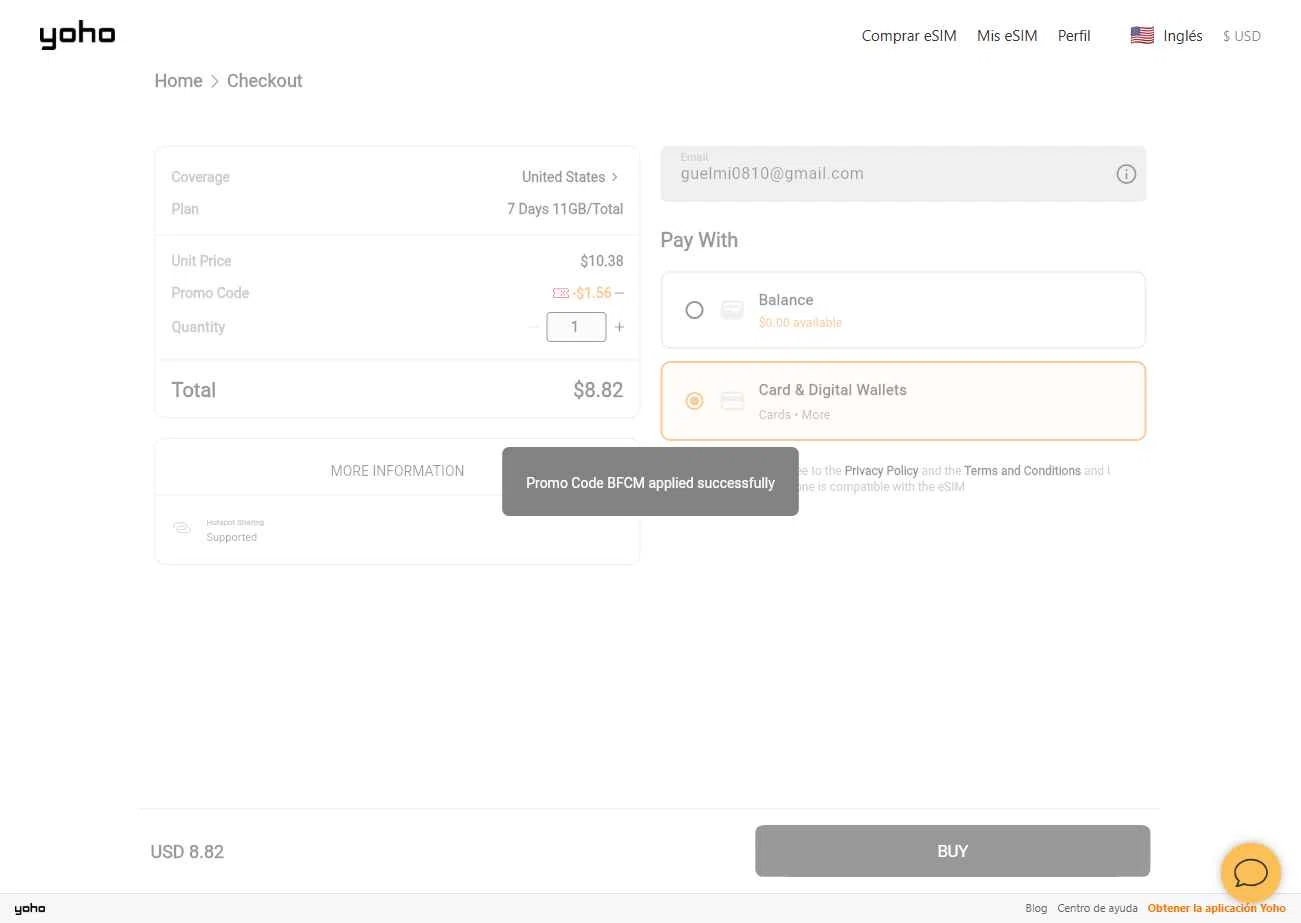 Yoho Mobile checkout page showing Yoho Mobile promo code box | Screenshot taken by SimplyCodes community member on Dec 9, 2025