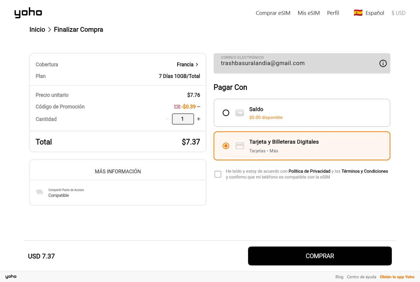 Yoho Mobile checkout page showing Yoho Mobile promo code box | Screenshot taken by SimplyCodes community member on Dec 9, 2025