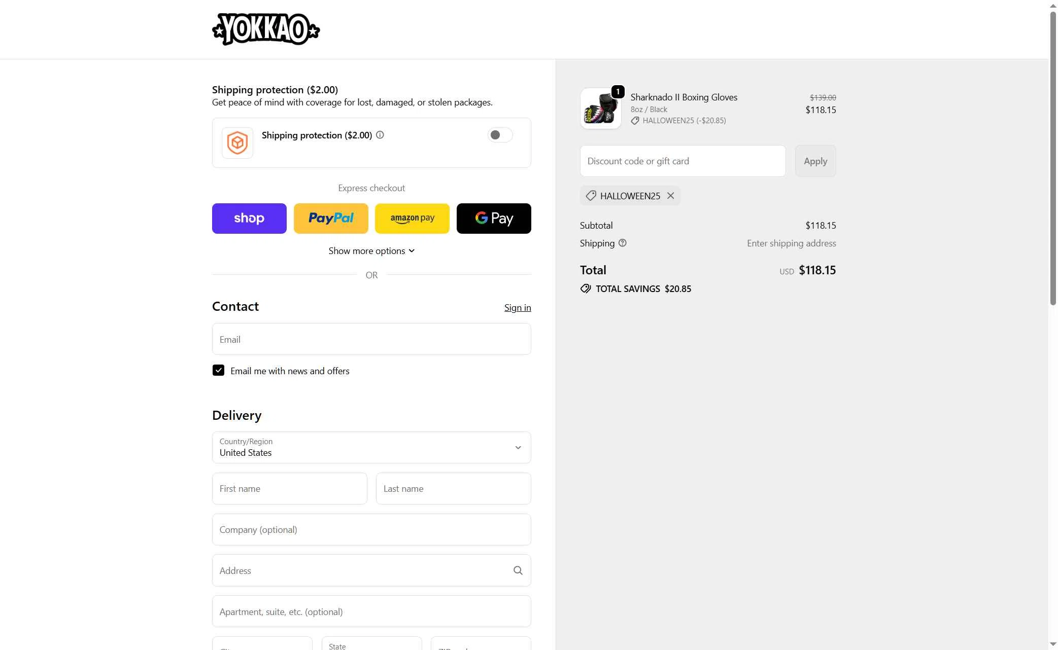 Yokkao Store checkout page showing Yokkao Store promo code box | Screenshot taken by SimplyCodes community member on Nov 1, 2025