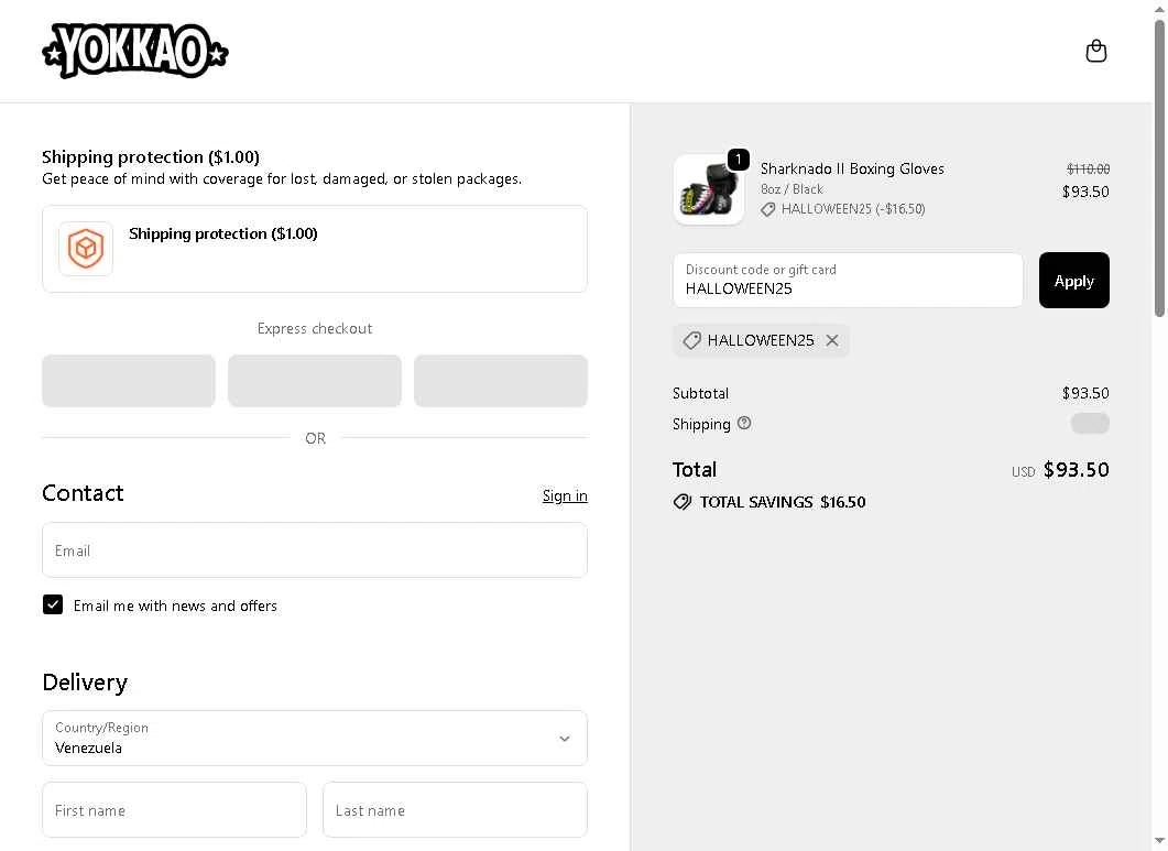 Yokkao Store checkout page showing Yokkao Store promo code box | Screenshot taken by SimplyCodes community member on Nov 1, 2025