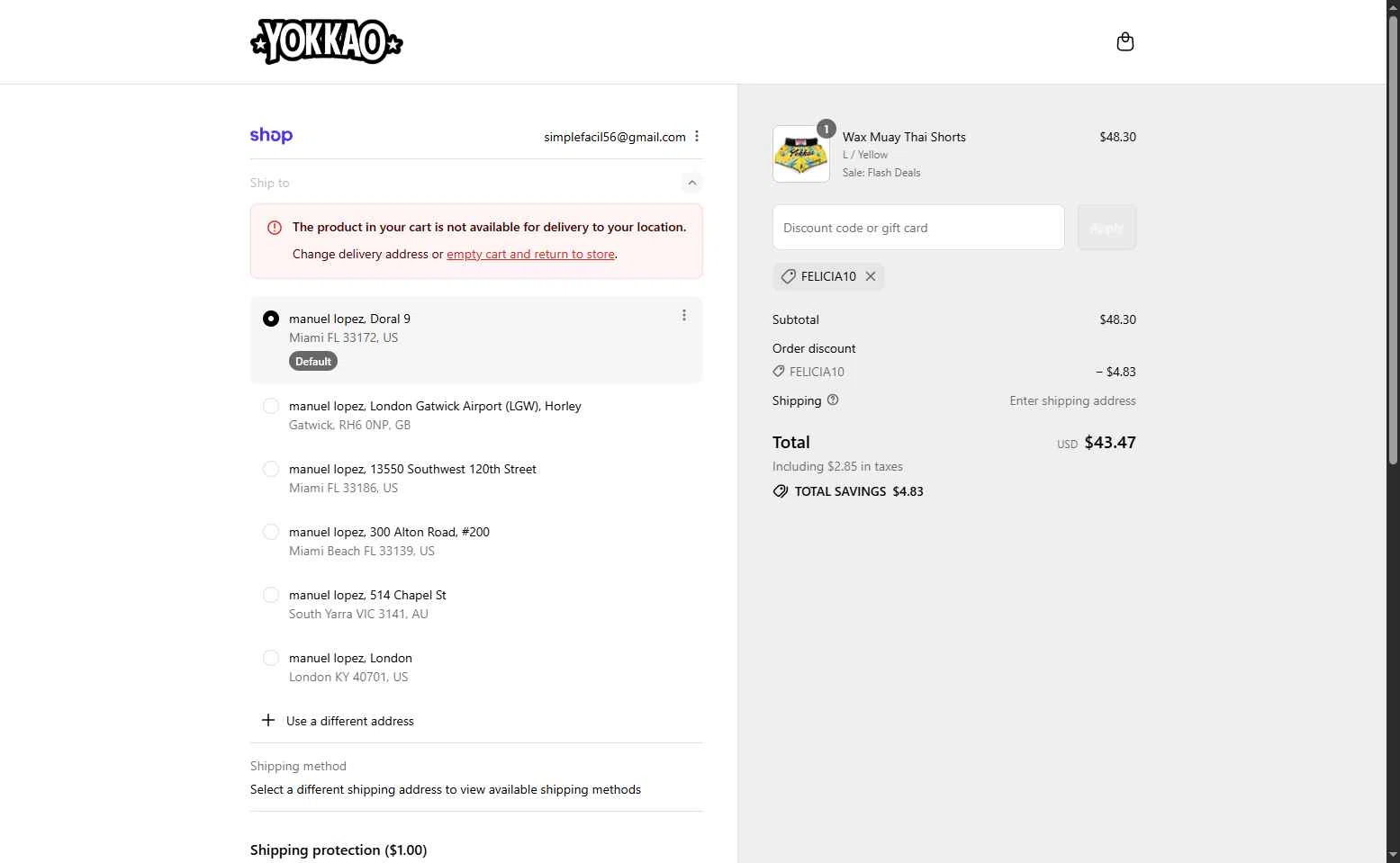 Yokkao Store checkout page showing Yokkao Store promo code box | Screenshot taken by SimplyCodes community member on Sep 17, 2025