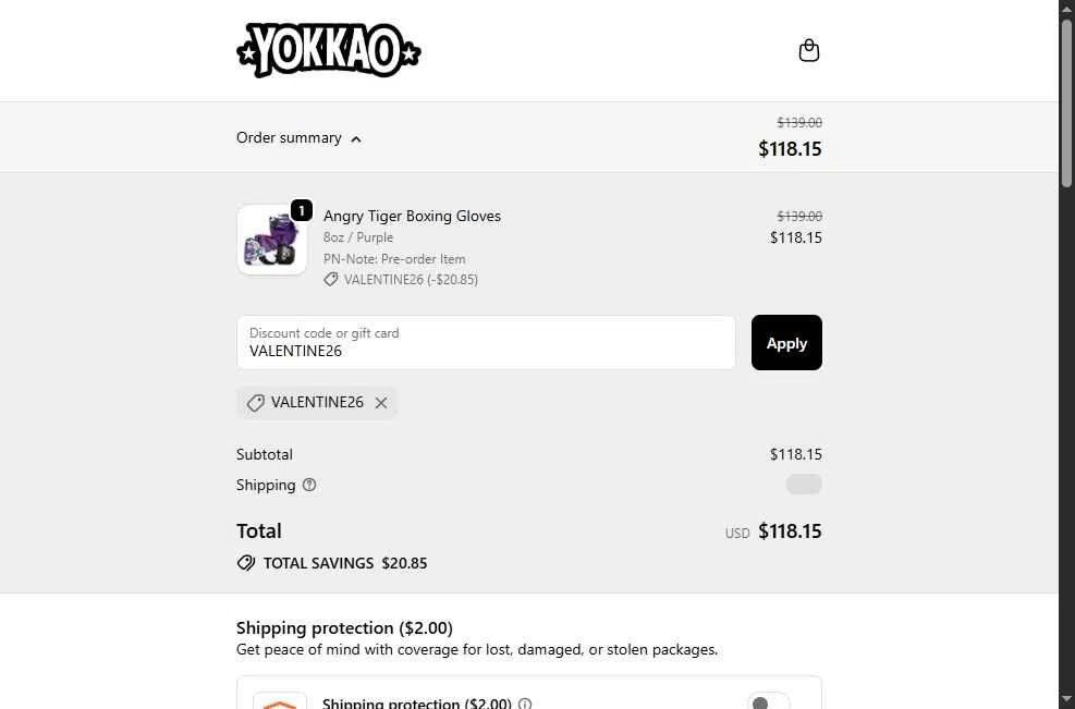 Yokkao Store checkout page showing Yokkao Store promo code box | Screenshot taken by SimplyCodes community member on Feb 11, 2026