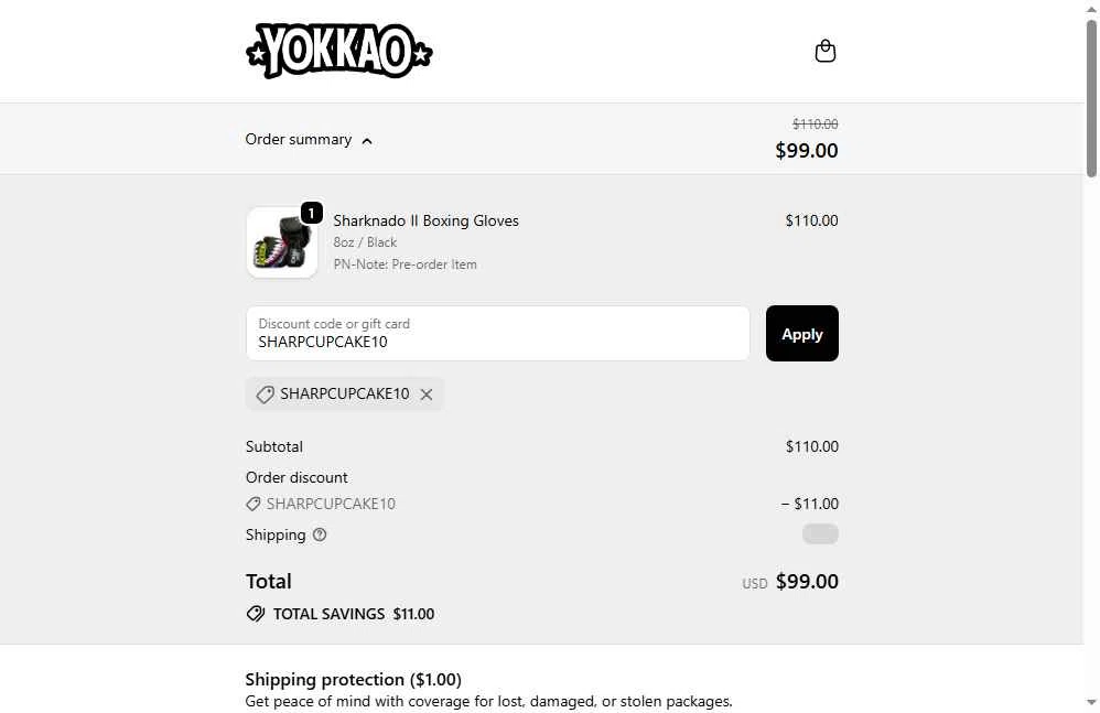 Yokkao Store checkout page showing Yokkao Store promo code box | Screenshot taken by SimplyCodes community member on Jan 20, 2026