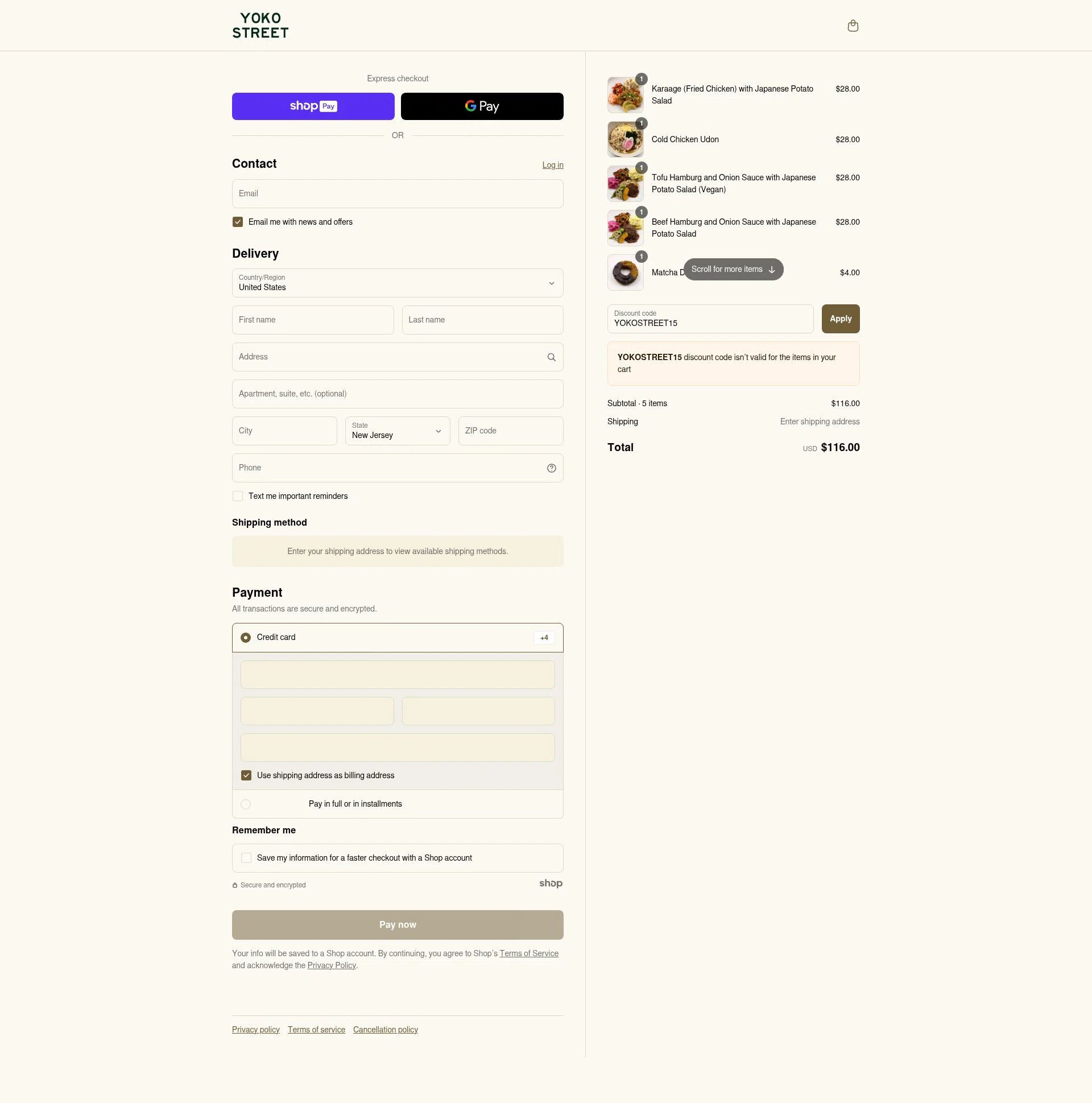 Yoko Street checkout page showing Yoko Street promo code box | Screenshot taken by SimplyCodes community member on May 30, 2025