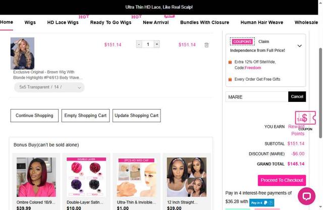 Yolissa Hair checkout page showing Yolissa Hair coupon code box | Screenshot taken by SimplyCodes community member on Jul 14, 2025