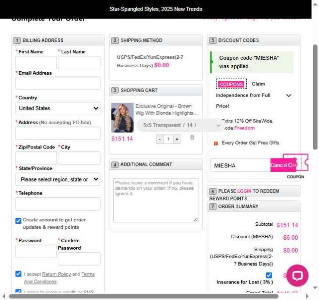 Yolissa Hair checkout page showing Yolissa Hair coupon code box | Screenshot taken by SimplyCodes community member on Jul 2, 2025