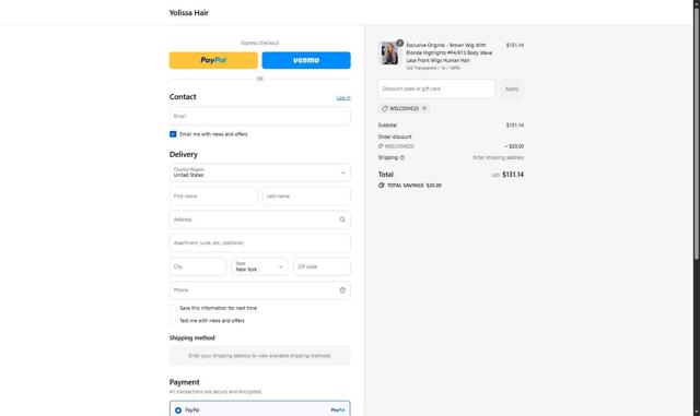 Yolissa Hair checkout page showing Yolissa Hair coupon code box | Screenshot taken by SimplyCodes community member on Aug 29, 2025