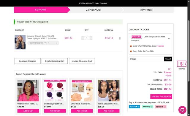 Yolissa Hair checkout page showing Yolissa Hair coupon code box | Screenshot taken by SimplyCodes community member on Jul 5, 2025