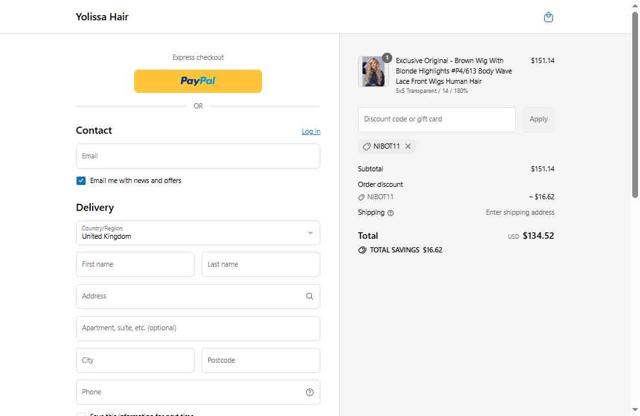 Yolissa Hair checkout page showing Yolissa Hair coupon code box | Screenshot taken by SimplyCodes community member on Aug 1, 2025