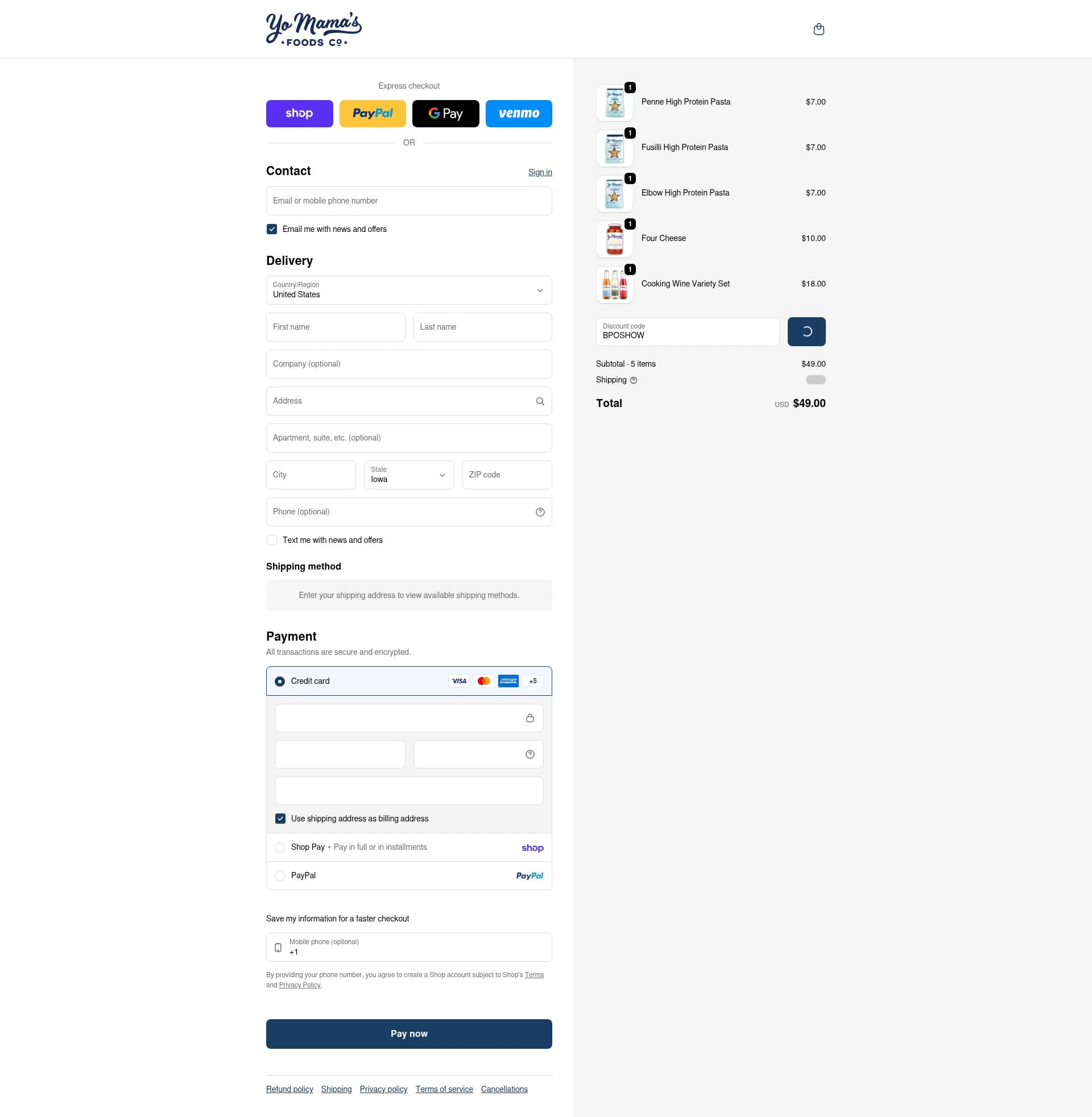 Yo Mama's Food checkout page showing Yo Mama's Food promo code box | Screenshot taken by SimplyCodes community member on Feb 4, 2026