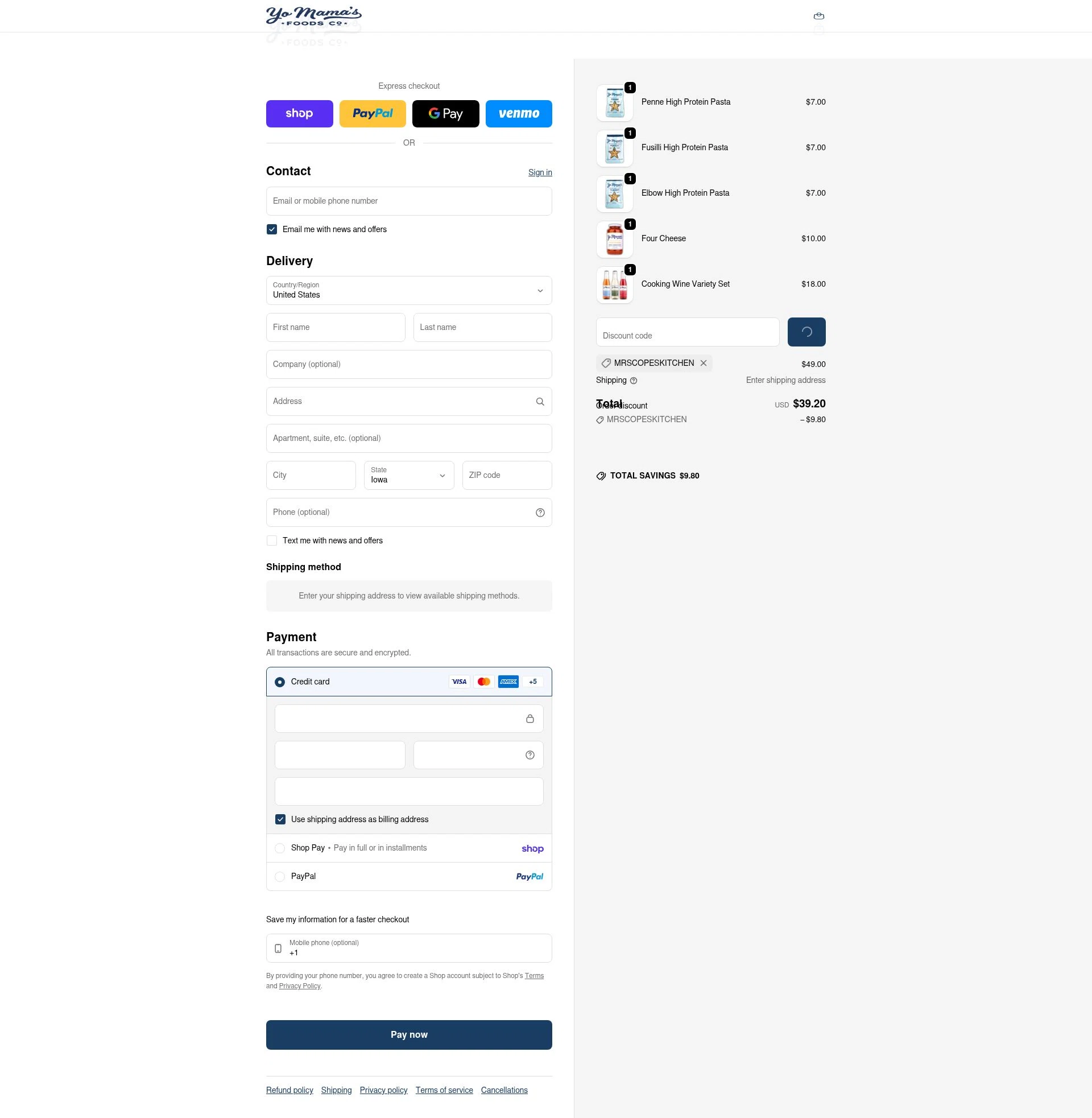 Yo Mama's Food checkout page showing Yo Mama's Food promo code box | Screenshot taken by SimplyCodes community member on Feb 4, 2026
