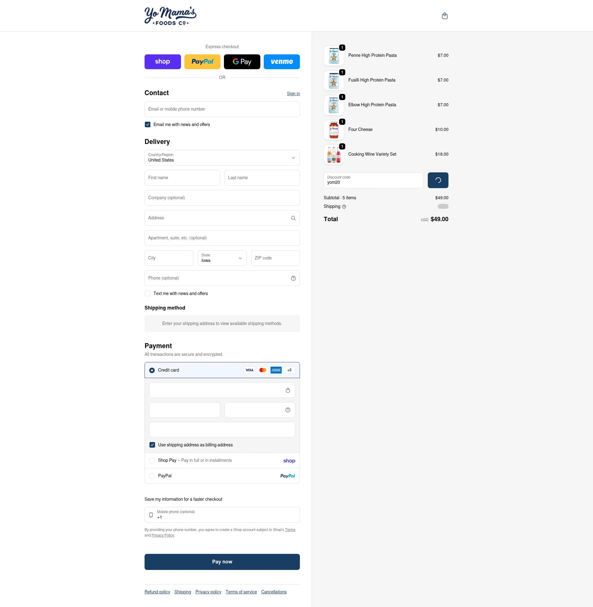 Yo Mama's Food checkout page showing Yo Mama's Food promo code box | Screenshot taken by SimplyCodes community member on Feb 4, 2026
