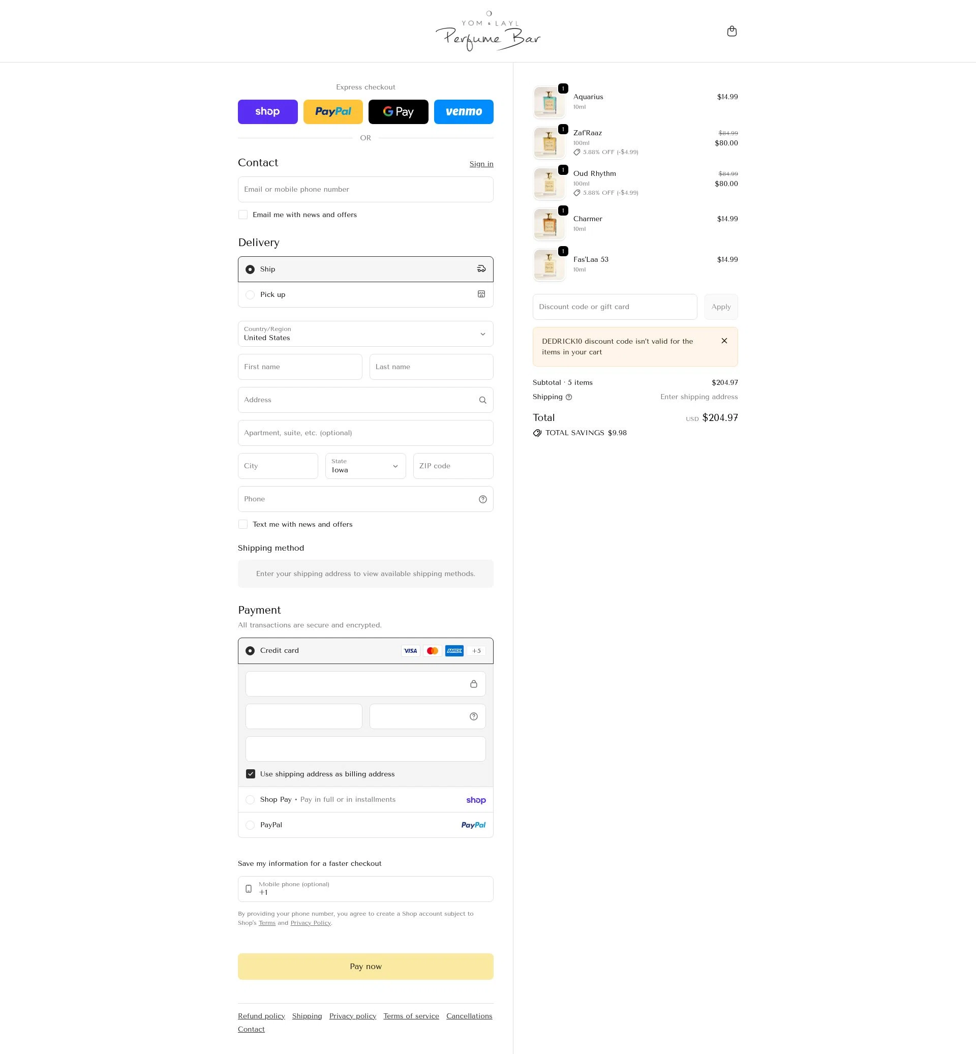 Yom Layl Perfume Bar checkout page showing Yom Layl Perfume Bar promo code box | Screenshot taken by SimplyCodes community member on Feb 23, 2026