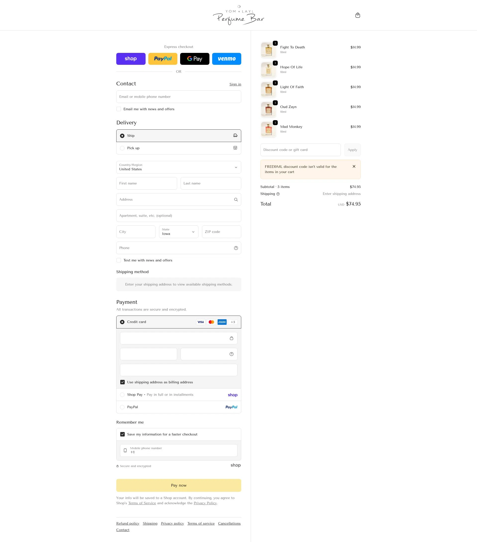 Yom Layl Perfume Bar checkout page showing Yom Layl Perfume Bar promo code box | Screenshot taken by SimplyCodes community member on Jan 27, 2026