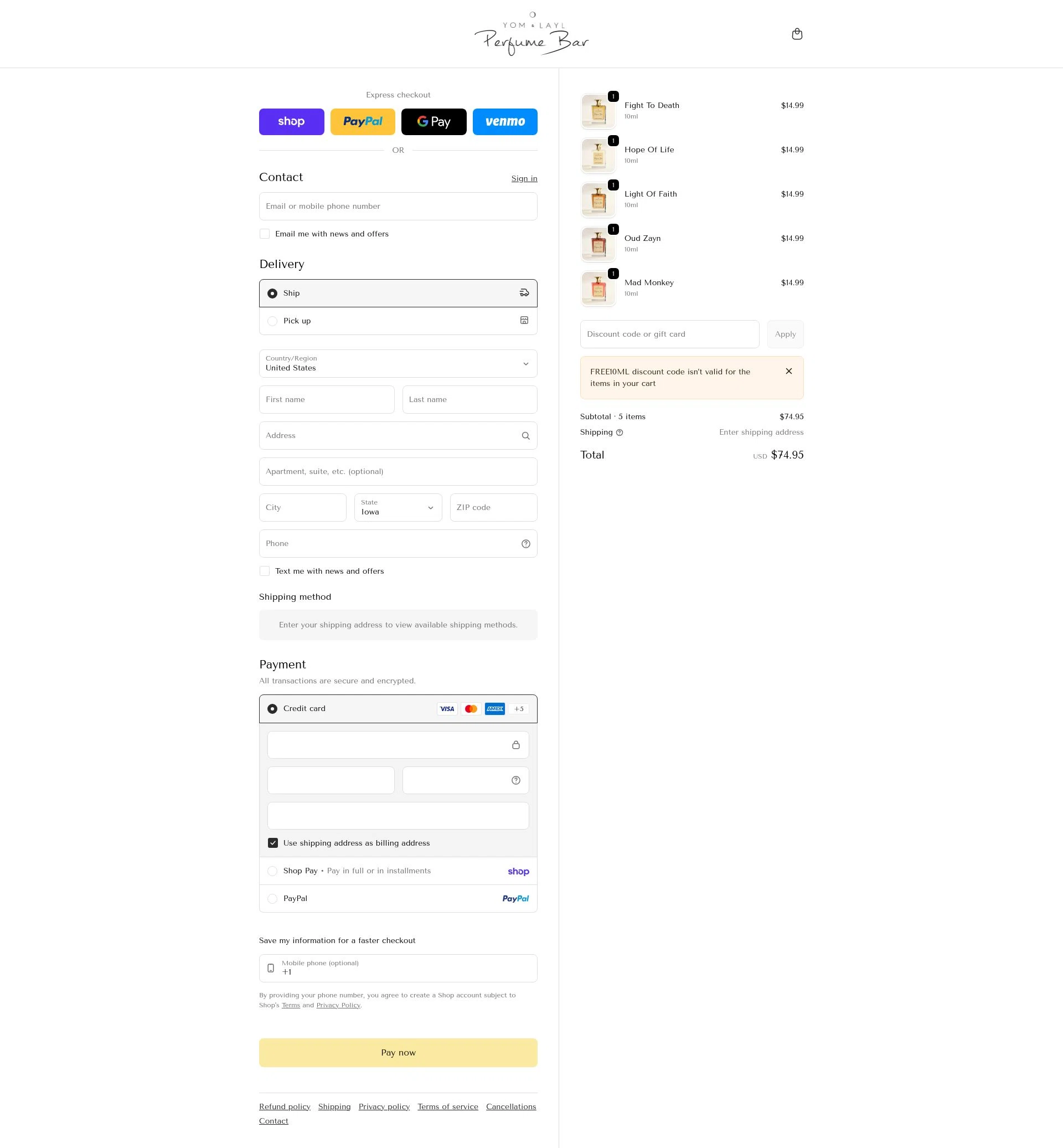 Yom Layl Perfume Bar checkout page showing Yom Layl Perfume Bar promo code box | Screenshot taken by SimplyCodes community member on Feb 1, 2026