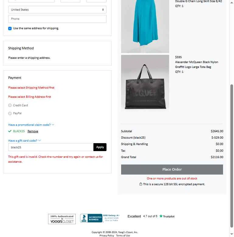Yoogi's Closet checkout page showing Yoogi's Closet coupon code box | Screenshot taken by SimplyCodes community member on Nov 25, 2025