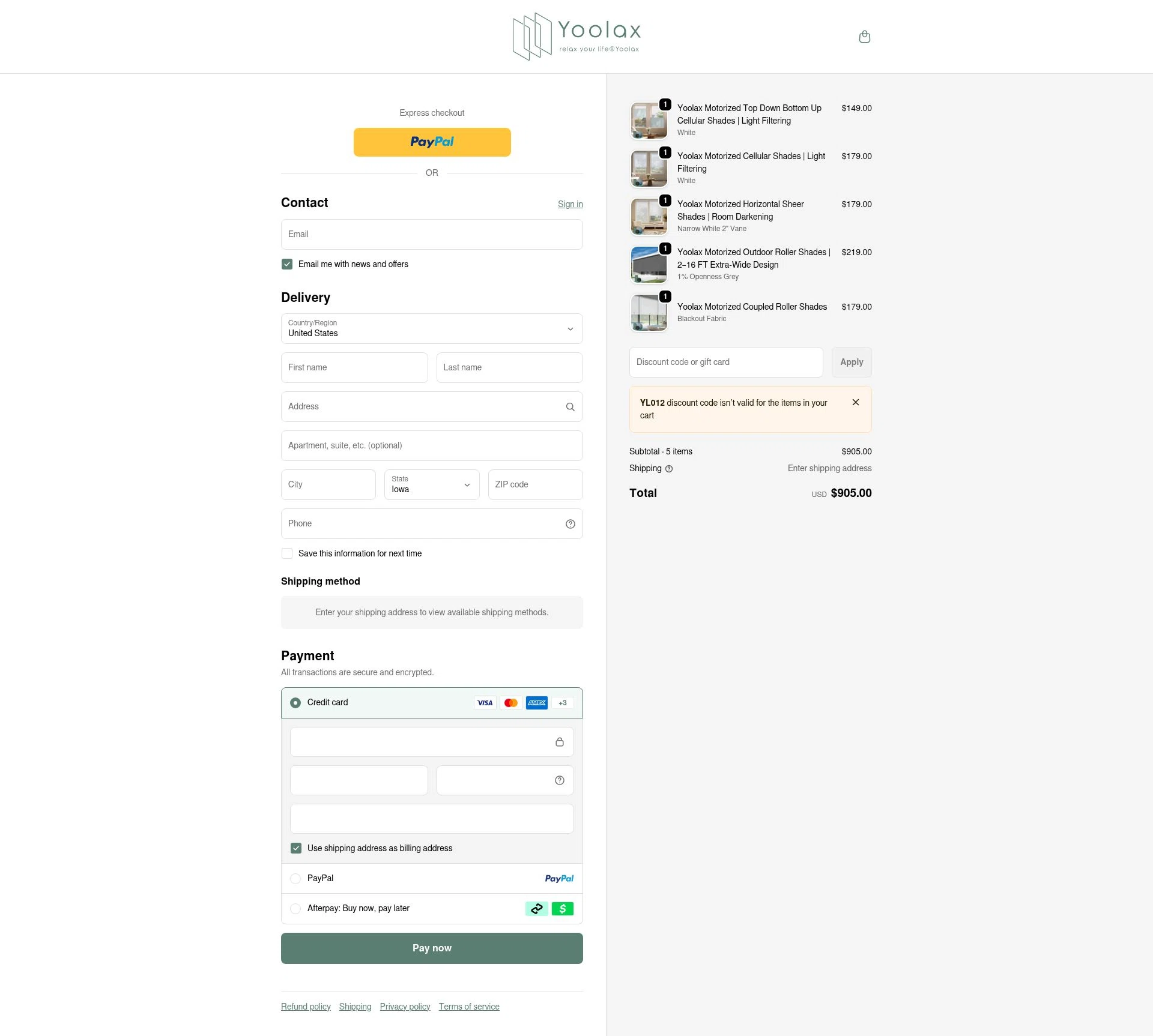 Yoolax checkout page showing Yoolax discount code box | Screenshot taken by SimplyCodes community member on Jan 3, 2026