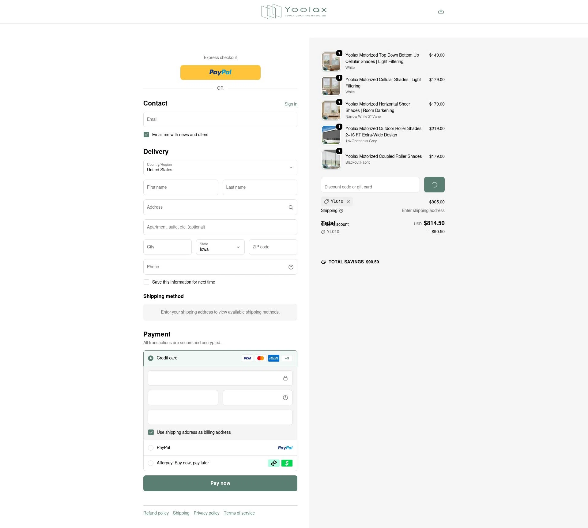 Yoolax checkout page showing Yoolax discount code box | Screenshot taken by SimplyCodes community member on Jan 8, 2026