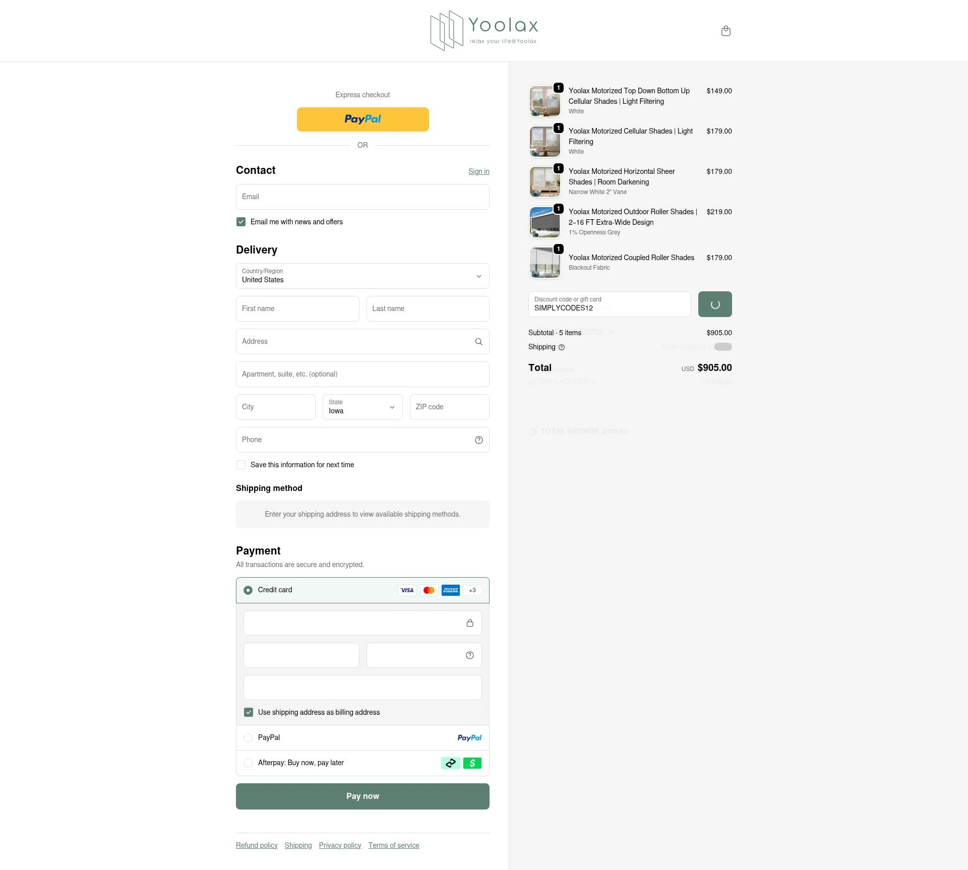Yoolax checkout page showing Yoolax discount code box | Screenshot taken by SimplyCodes community member on Jan 8, 2026