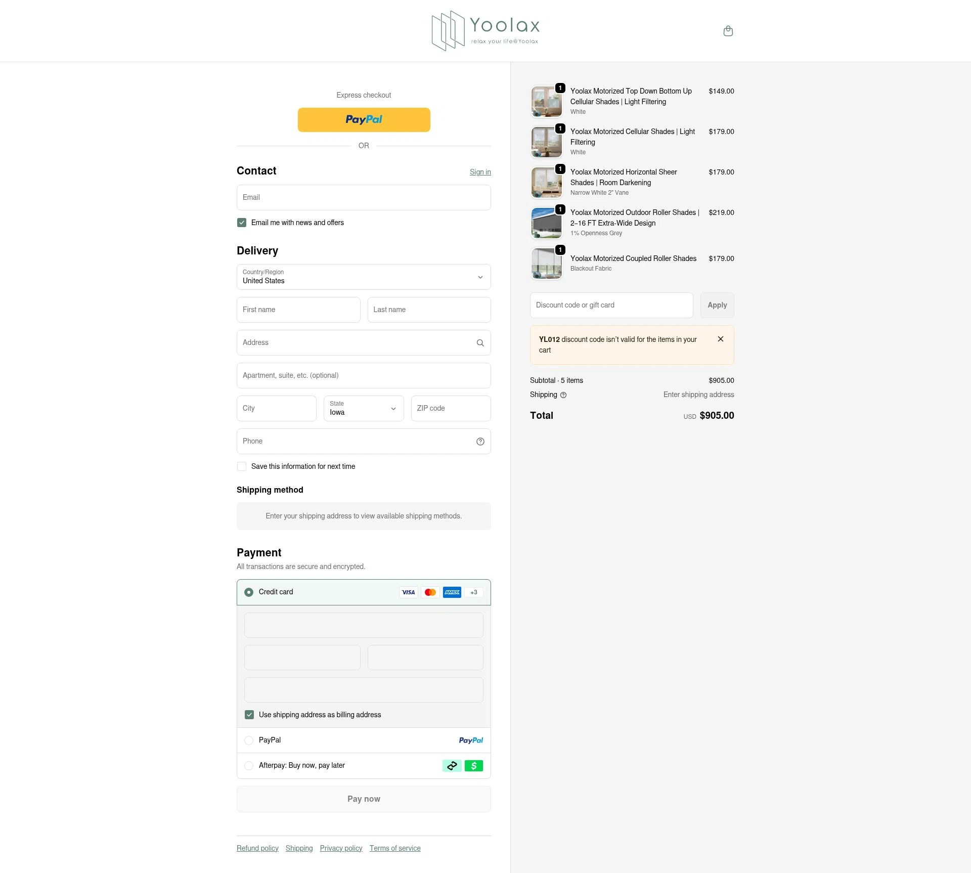 Yoolax checkout page showing Yoolax discount code box | Screenshot taken by SimplyCodes community member on Jan 8, 2026