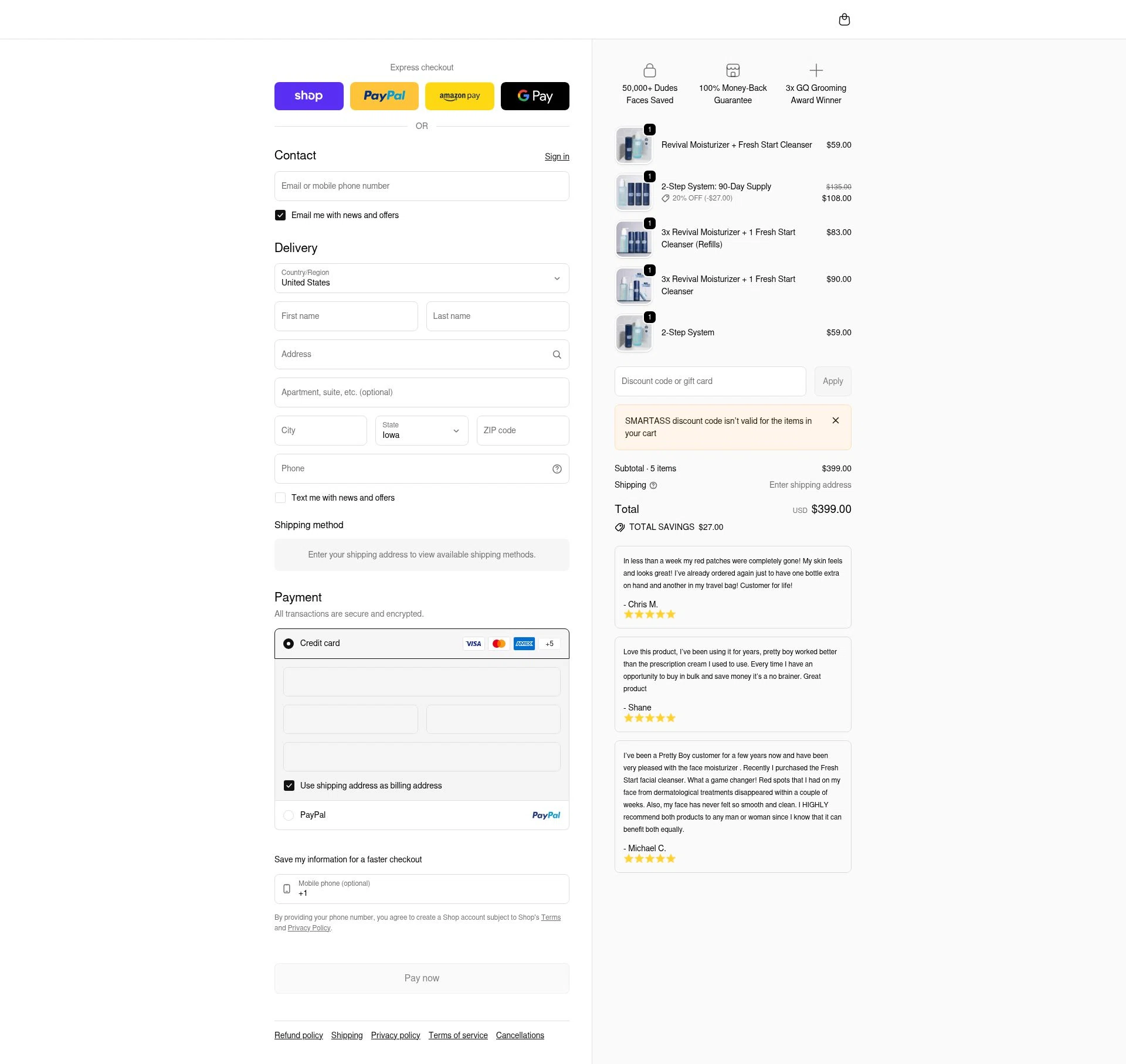 PrettyBoy checkout page showing PrettyBoy discount code box | Screenshot taken by SimplyCodes community member on Feb 20, 2026