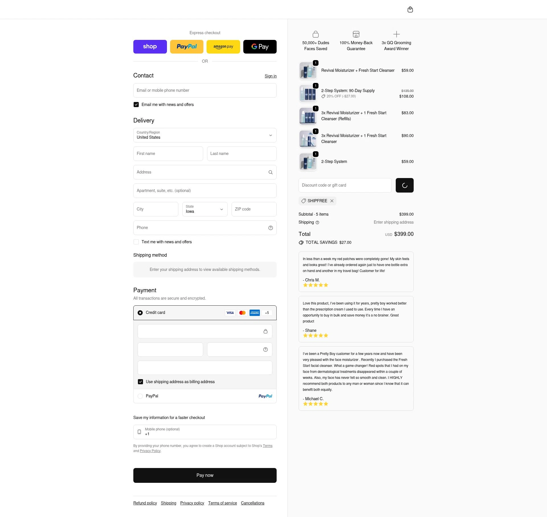 PrettyBoy checkout page showing PrettyBoy discount code box | Screenshot taken by SimplyCodes community member on Feb 20, 2026