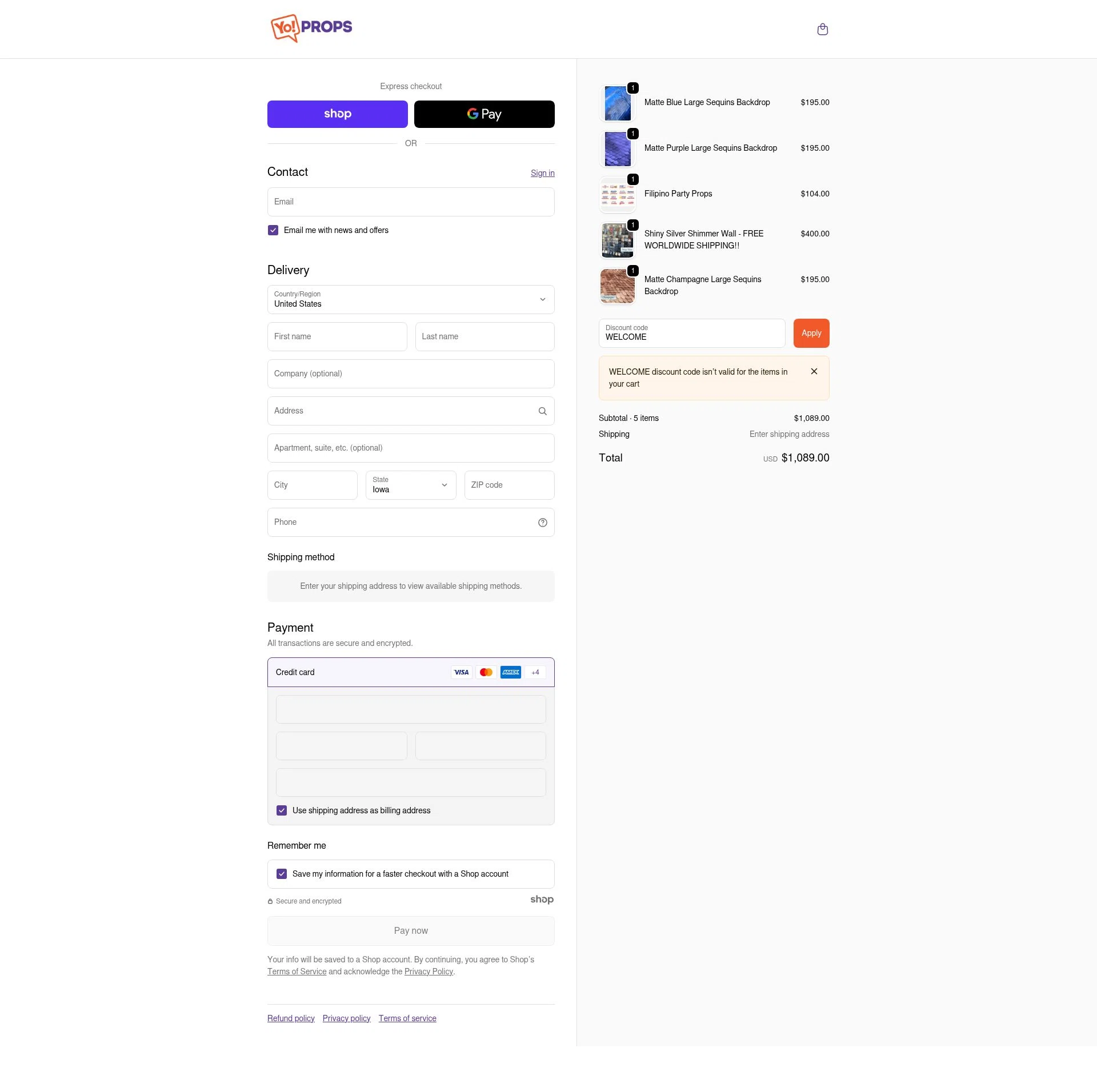 Yo Props checkout page showing Yo Props discount code box | Screenshot taken by SimplyCodes community member on Dec 4, 2025