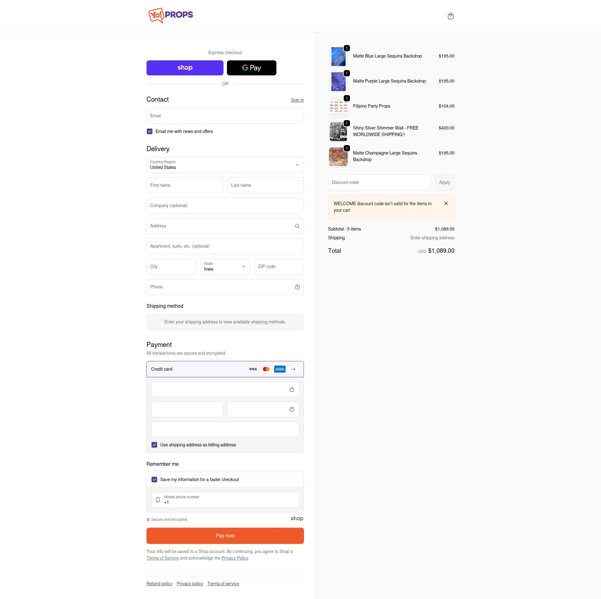 Yo Props checkout page showing Yo Props discount code box | Screenshot taken by SimplyCodes community member on Jan 1, 2026