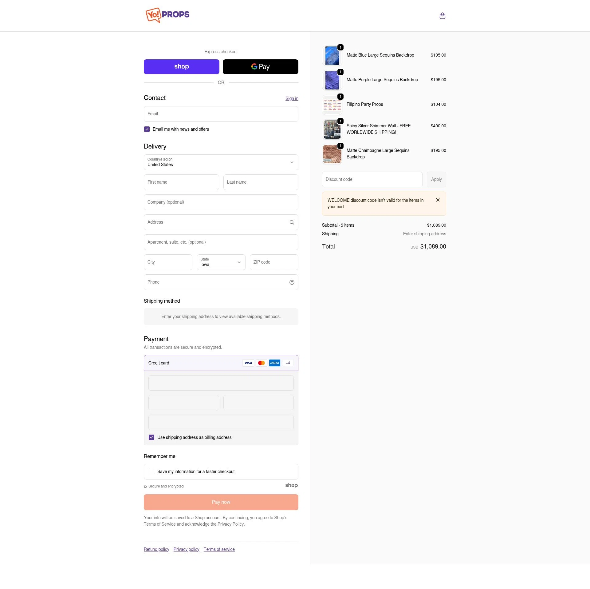 Yo Props checkout page showing Yo Props discount code box | Screenshot taken by SimplyCodes community member on Dec 27, 2025