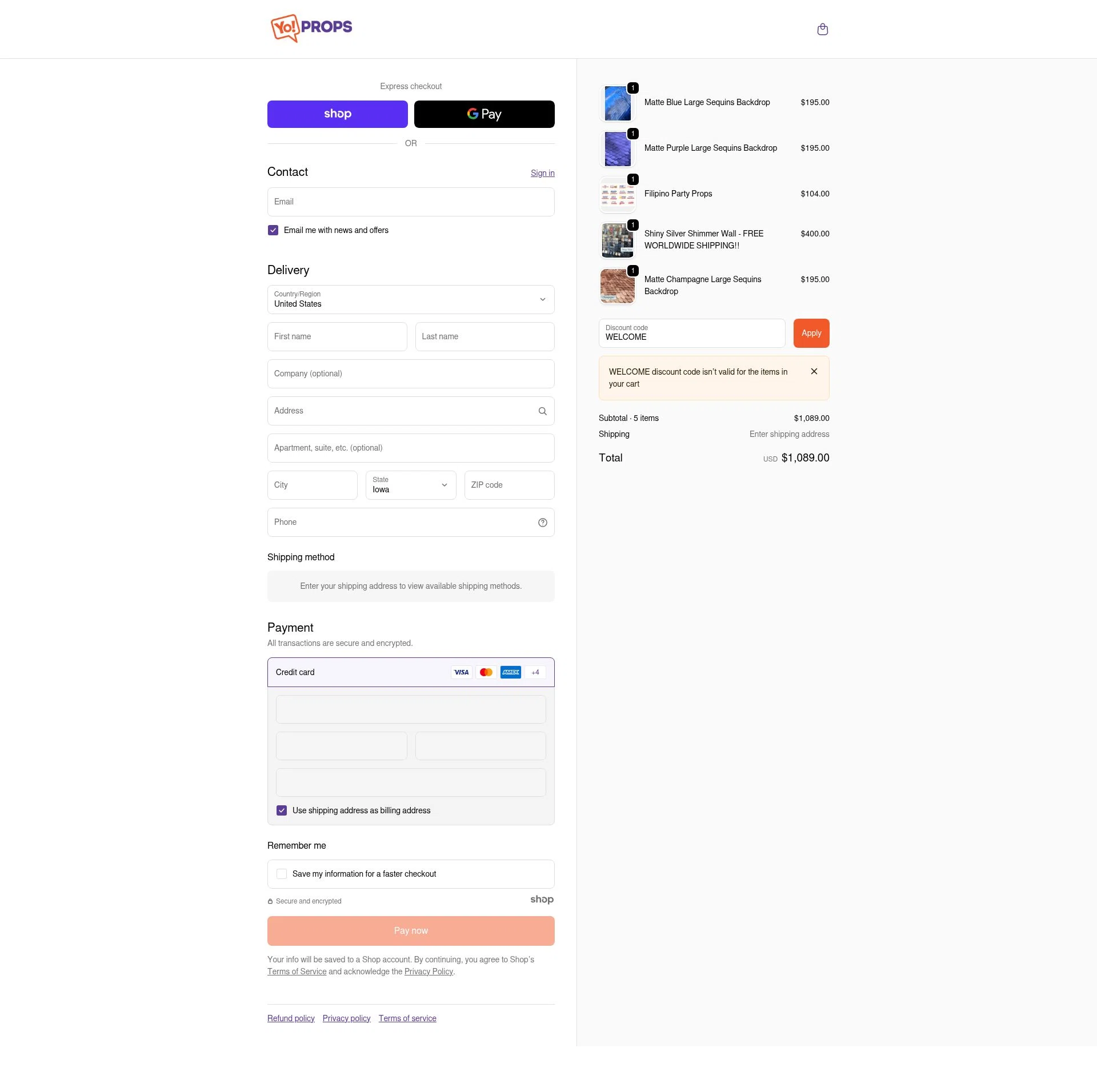 Yo Props checkout page showing Yo Props discount code box | Screenshot taken by SimplyCodes community member on Dec 15, 2025