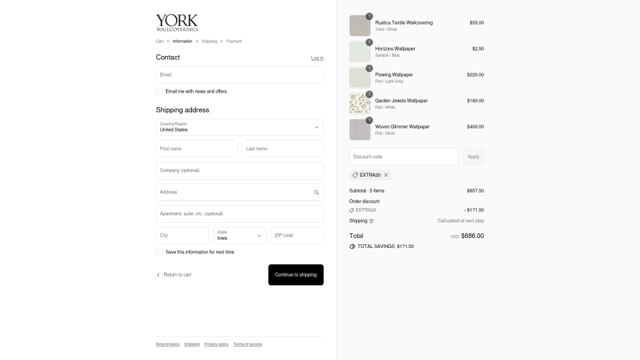 York Wallcoverings checkout page showing York Wallcoverings discount code box | Screenshot taken by SimplyCodes community member on Sep 7, 2025