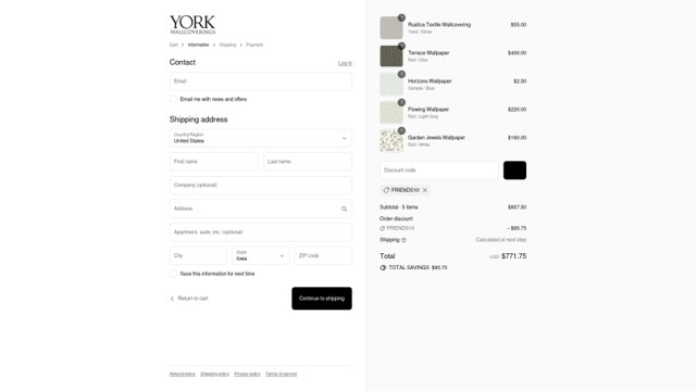 York Wallcoverings checkout page showing York Wallcoverings discount code box | Screenshot taken by SimplyCodes community member on Jul 24, 2025