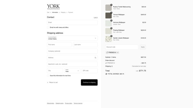 York Wallcoverings checkout page showing York Wallcoverings discount code box | Screenshot taken by SimplyCodes community member on Jul 21, 2025