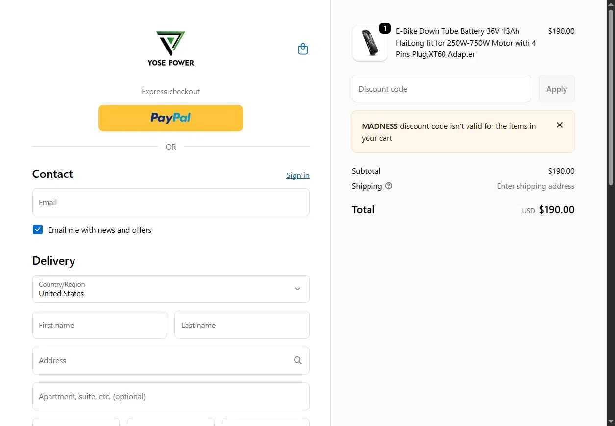 YOSEPOWER SHOP checkout page showing YOSEPOWER SHOP promo code box | Screenshot taken by SimplyCodes community member on Feb 19, 2026