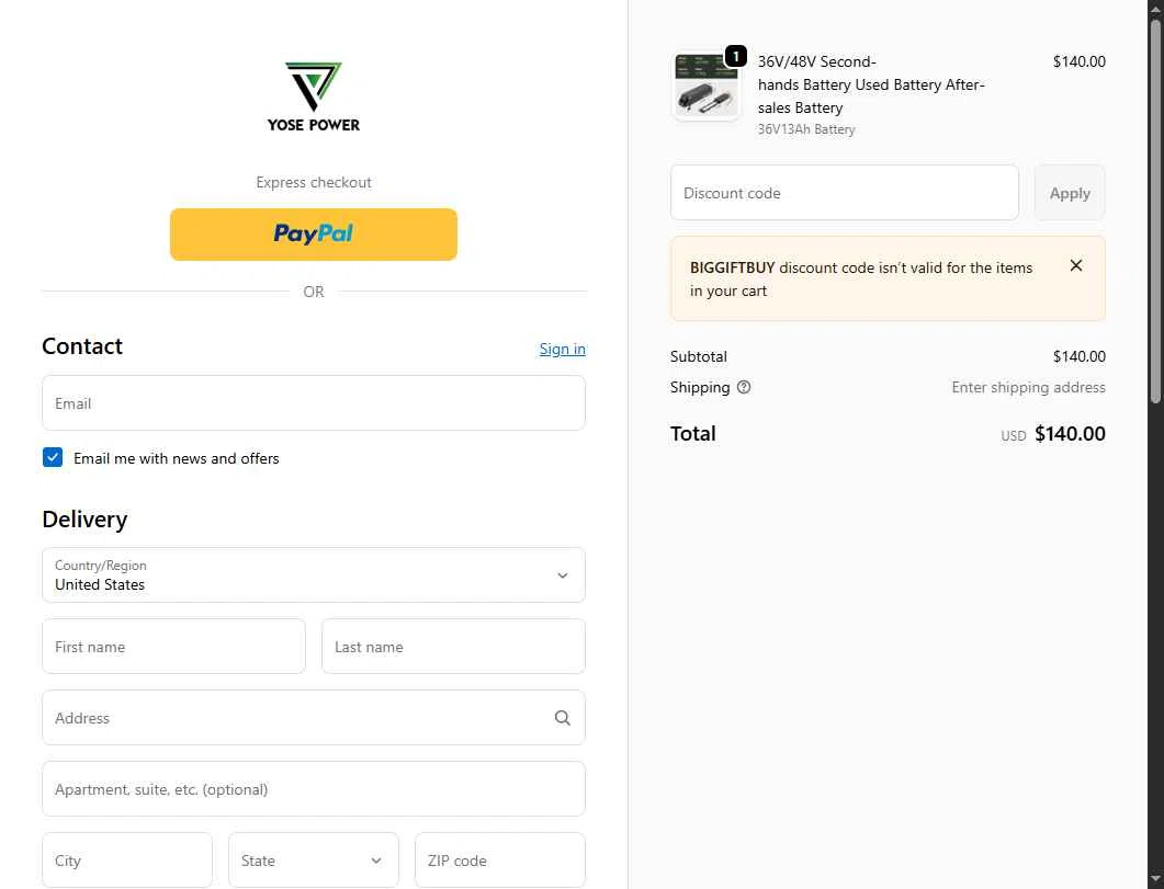 YOSEPOWER SHOP checkout page showing YOSEPOWER SHOP promo code box | Screenshot taken by SimplyCodes community member on Feb 19, 2026