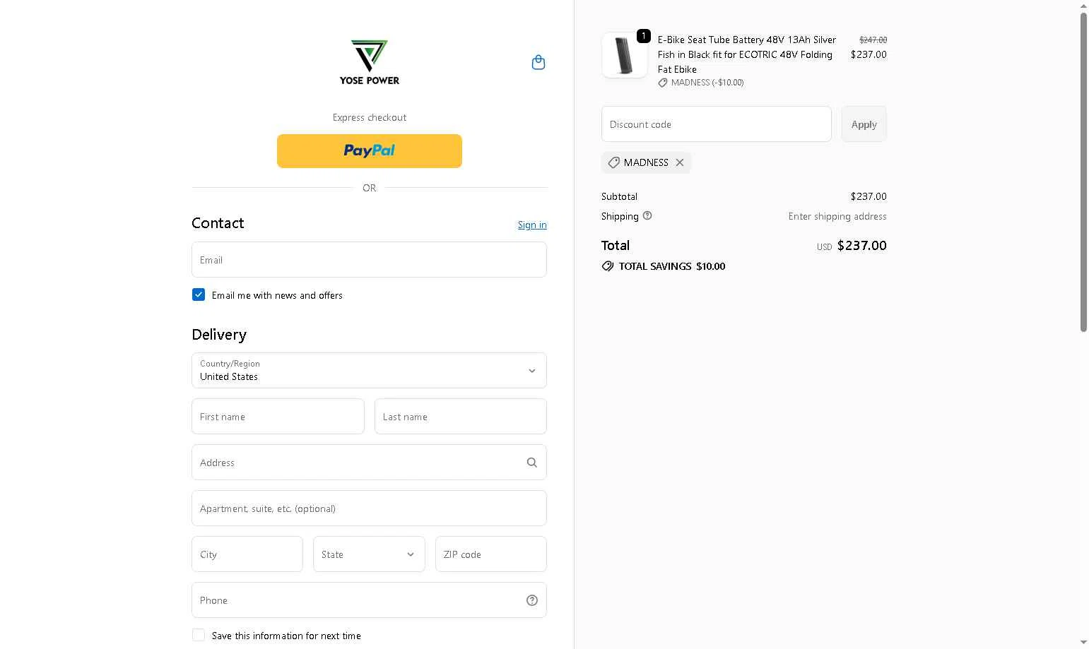 YOSEPOWER SHOP checkout page showing YOSEPOWER SHOP promo code box | Screenshot taken by SimplyCodes community member on Feb 16, 2026
