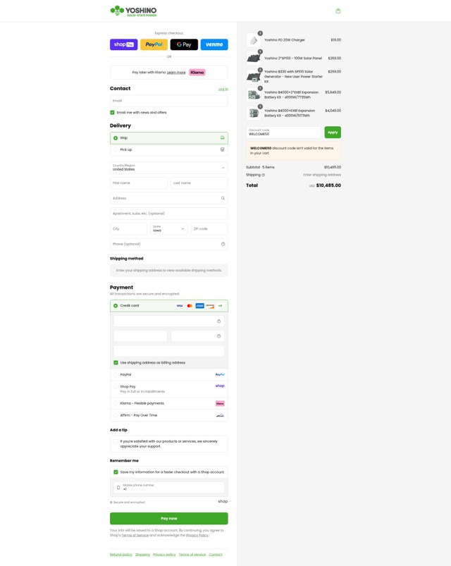 Yoshino Power checkout page showing Yoshino Power promo code box | Screenshot taken by SimplyCodes community member on Aug 27, 2025