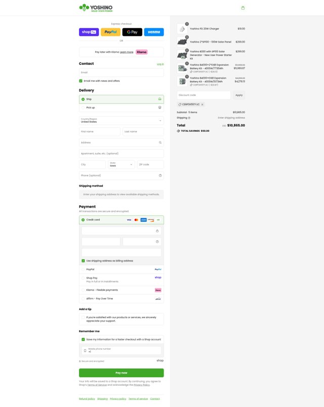 Yoshino Power checkout page showing Yoshino Power promo code box | Screenshot taken by SimplyCodes community member on Aug 23, 2025