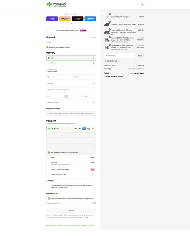 Yoshino Power checkout page showing Yoshino Power promo code box | Screenshot taken by SimplyCodes community member on Aug 31, 2025