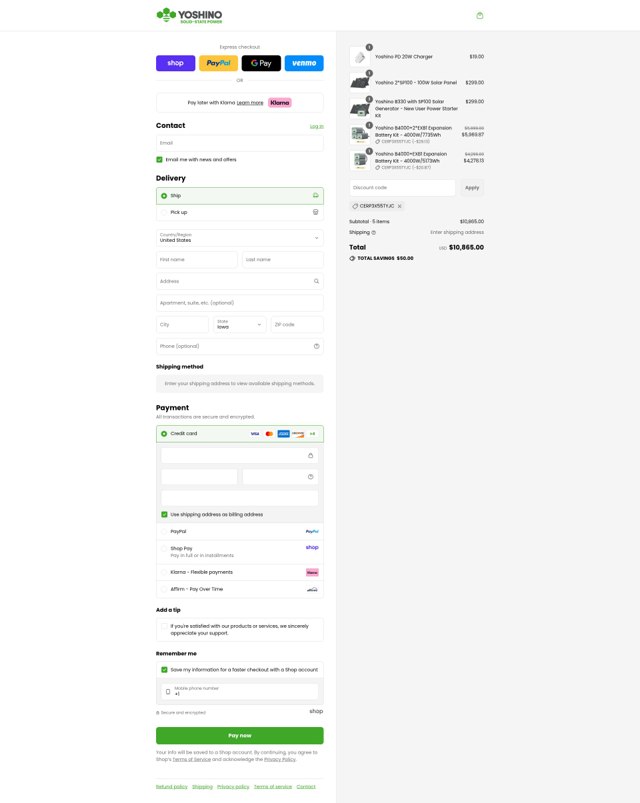 Yoshino Power checkout page showing Yoshino Power promo code box | Screenshot taken by SimplyCodes community member on Sep 4, 2025