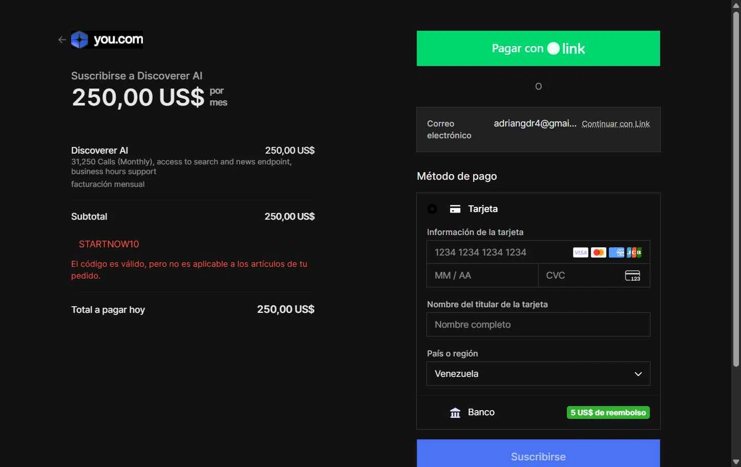 You.com checkout page showing You.com promo code box | Screenshot taken by SimplyCodes community member on Oct 5, 2025