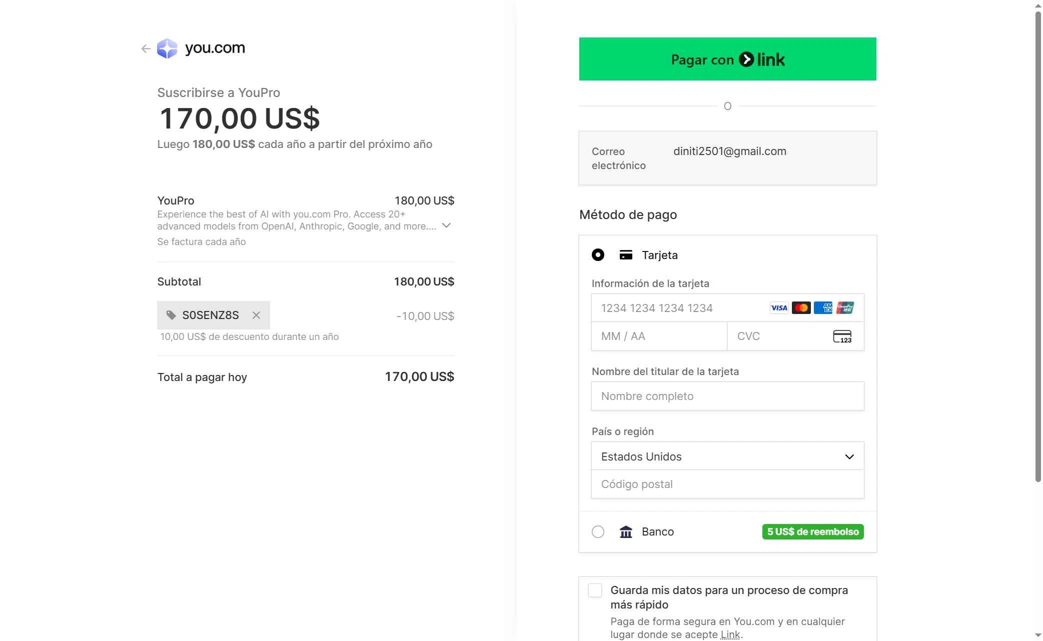 You.com checkout page showing You.com promo code box | Screenshot taken by SimplyCodes community member on Nov 7, 2025