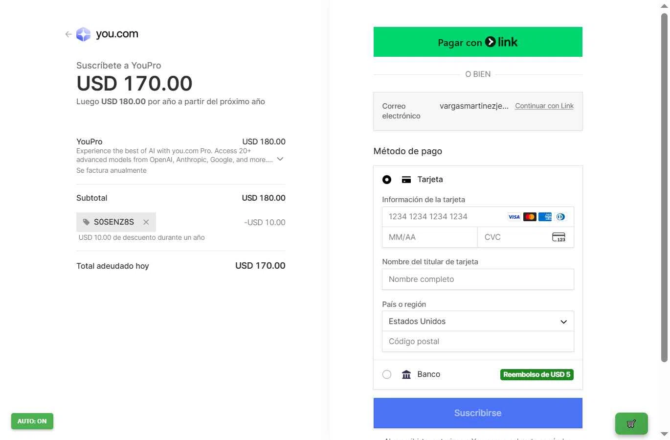 You.com checkout page showing You.com promo code box | Screenshot taken by SimplyCodes community member on Dec 6, 2025