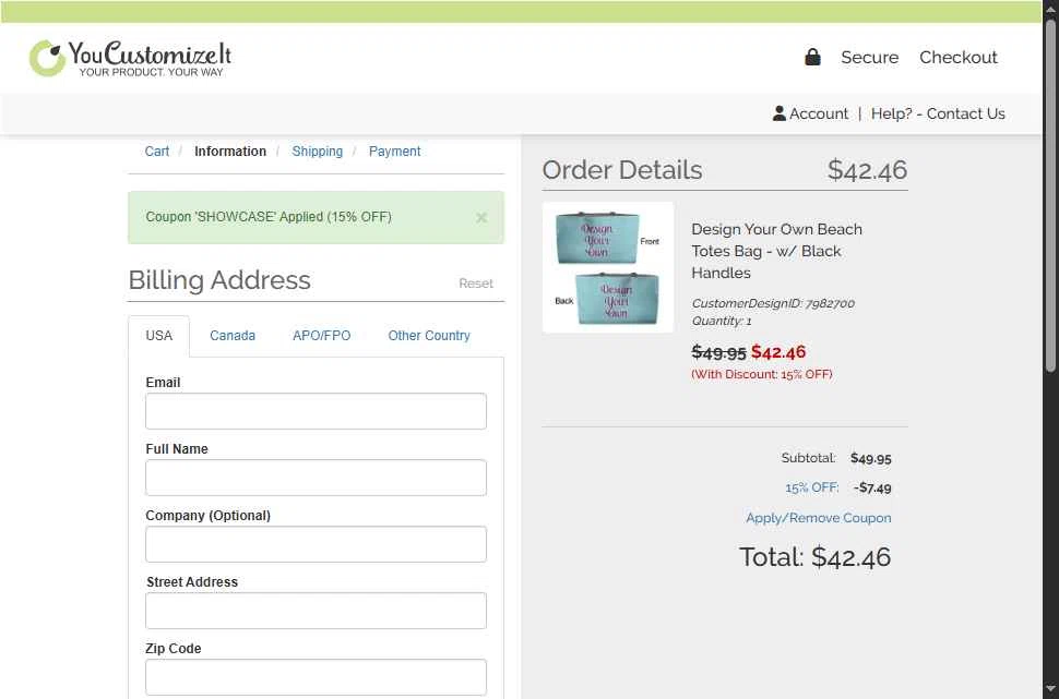 YouCustomizeIt checkout page showing YouCustomizeIt promo code box | Screenshot taken by SimplyCodes community member on Dec 13, 2025