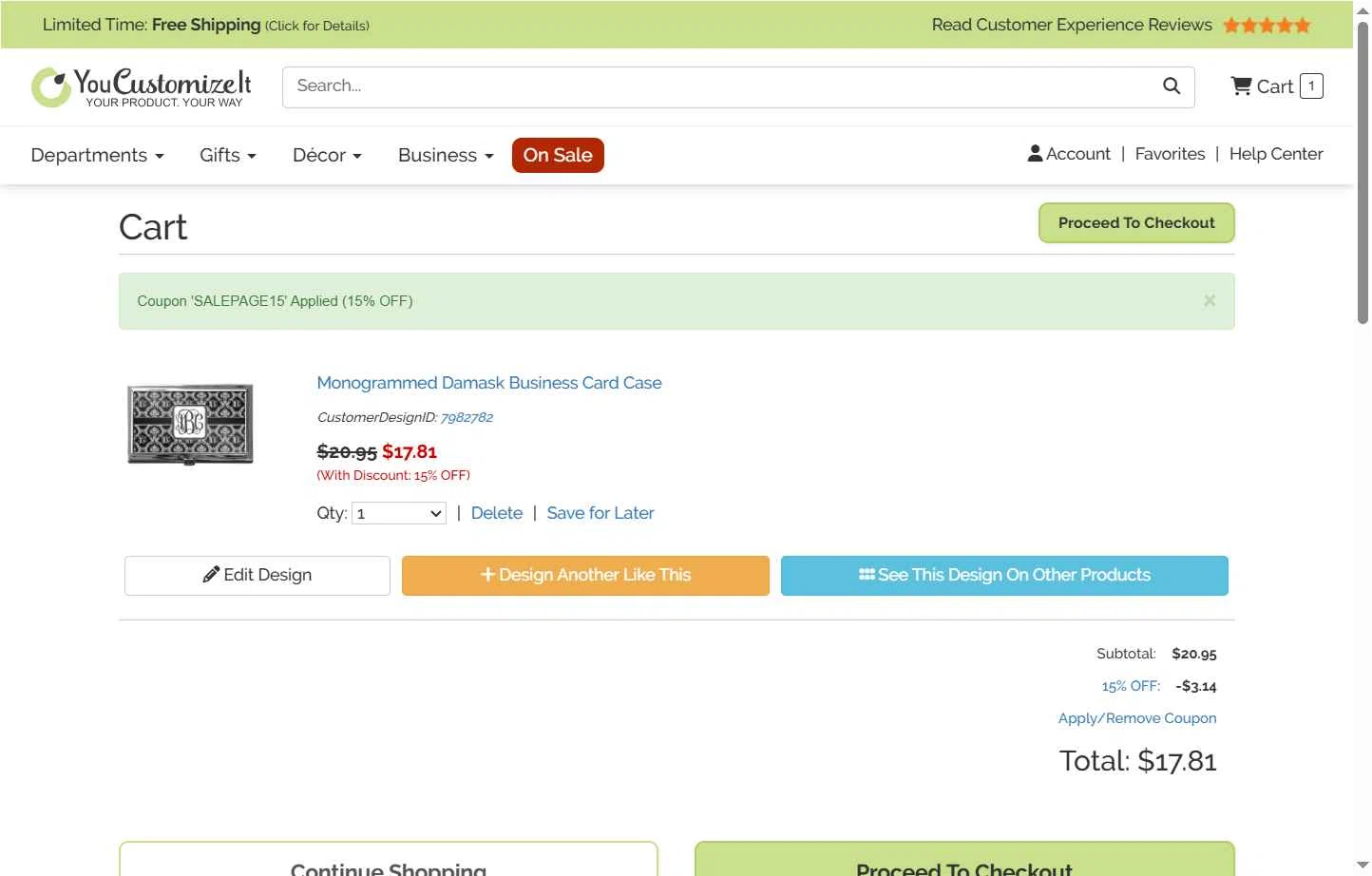 YouCustomizeIt checkout page showing YouCustomizeIt promo code box | Screenshot taken by SimplyCodes community member on Dec 13, 2025