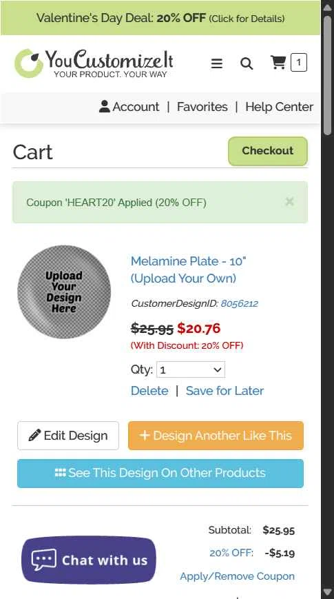 YouCustomizeIt checkout page showing YouCustomizeIt promo code box | Screenshot taken by SimplyCodes community member on Feb 6, 2026